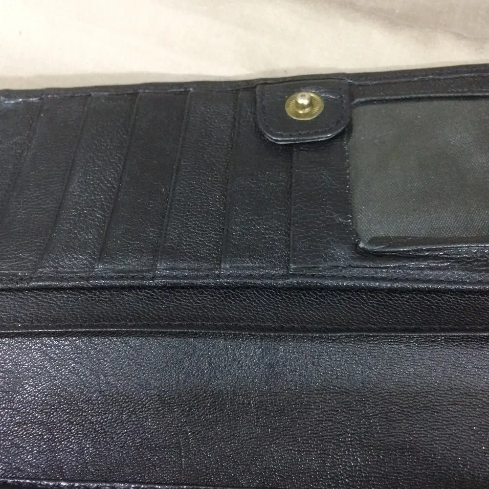 Vintage 90s St Dennis Black Leather Continental Checkbook Wallet Clasp Coin